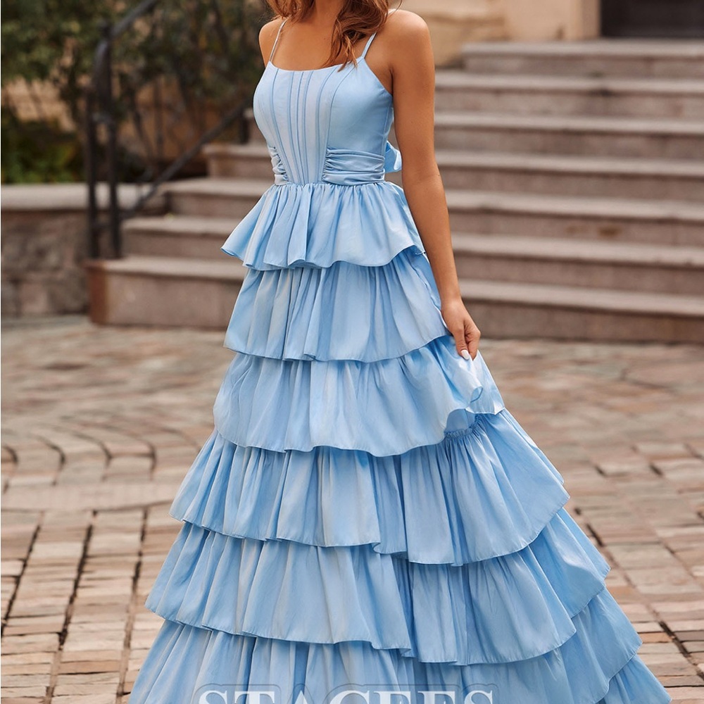 Chic Light Blue Tiered Prom Dress